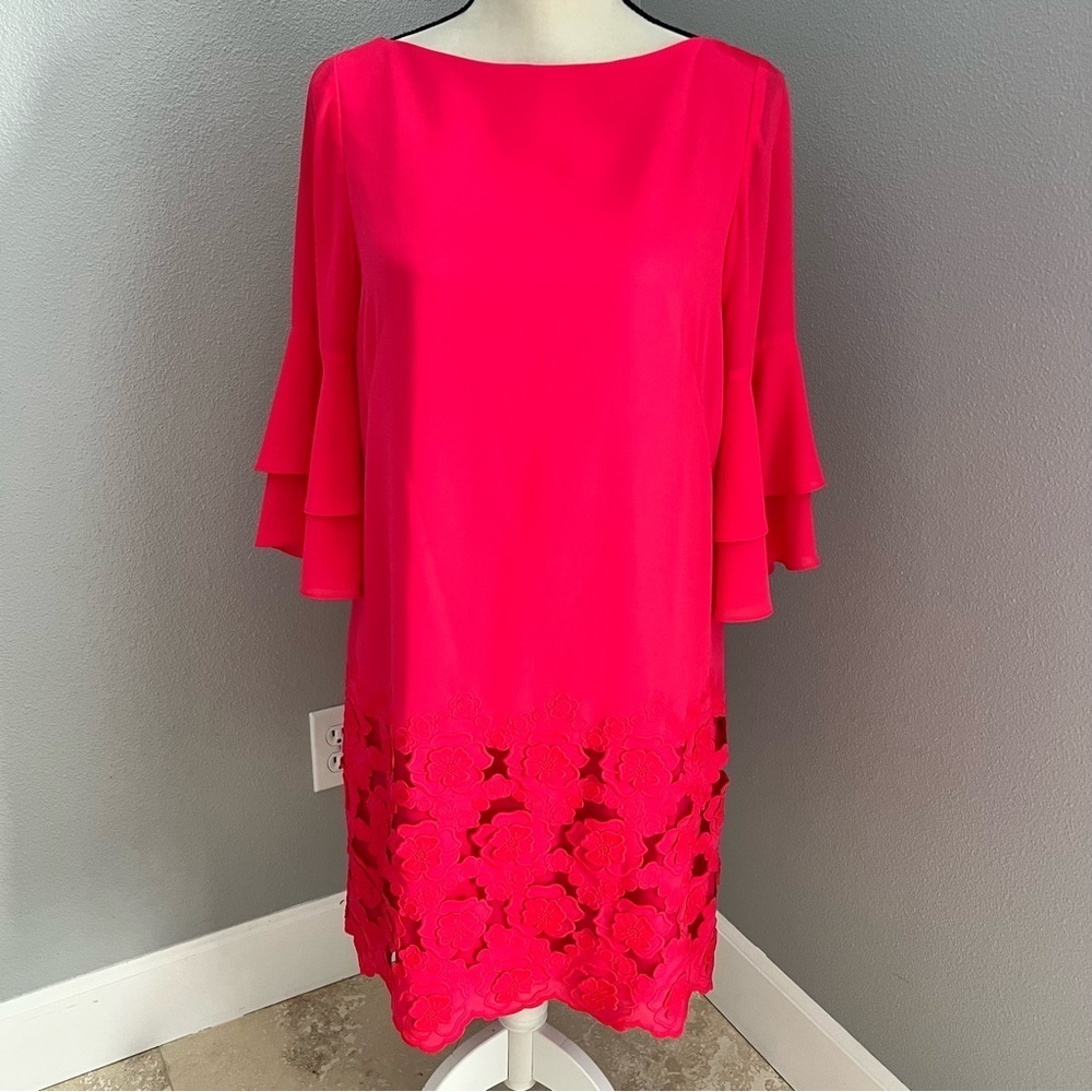 Tahari Coral Azalea Embroidered Chiffon Shift Dress